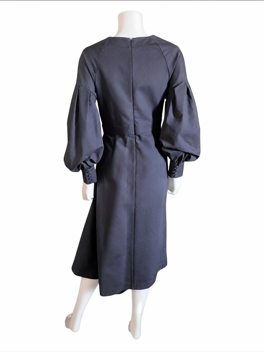 HUISHAN ZHANG | Asymmetric Pleated Balloon Sleeve Midi Dress Charcoal Grey US 8 - Picture 5 of 10